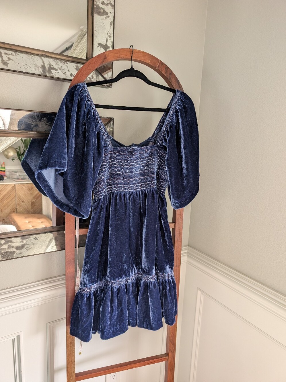 Free People Blue Velvet Puff-Sleeve Dress Holiday Boho Fairycore Embroidery Med